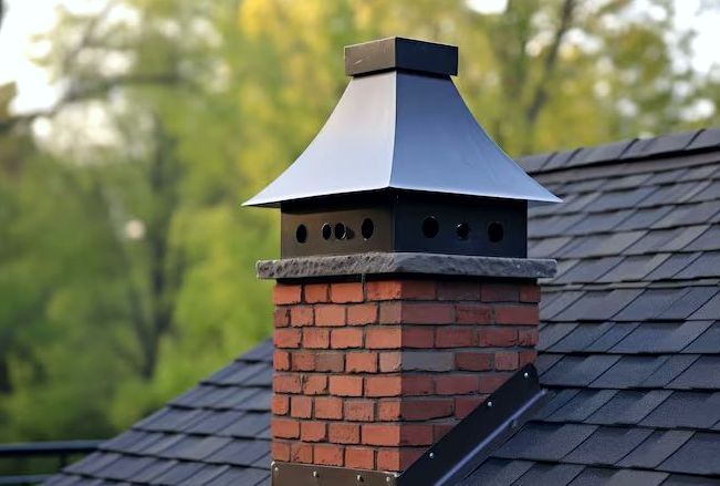 Brick chimney crowned with a metal-roofed cap above a North Shore home