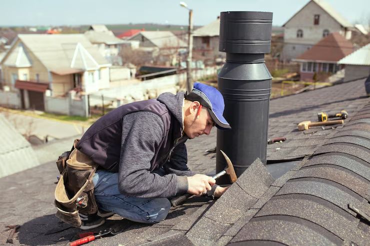 Roofer dressing shingles around a black flue pipe